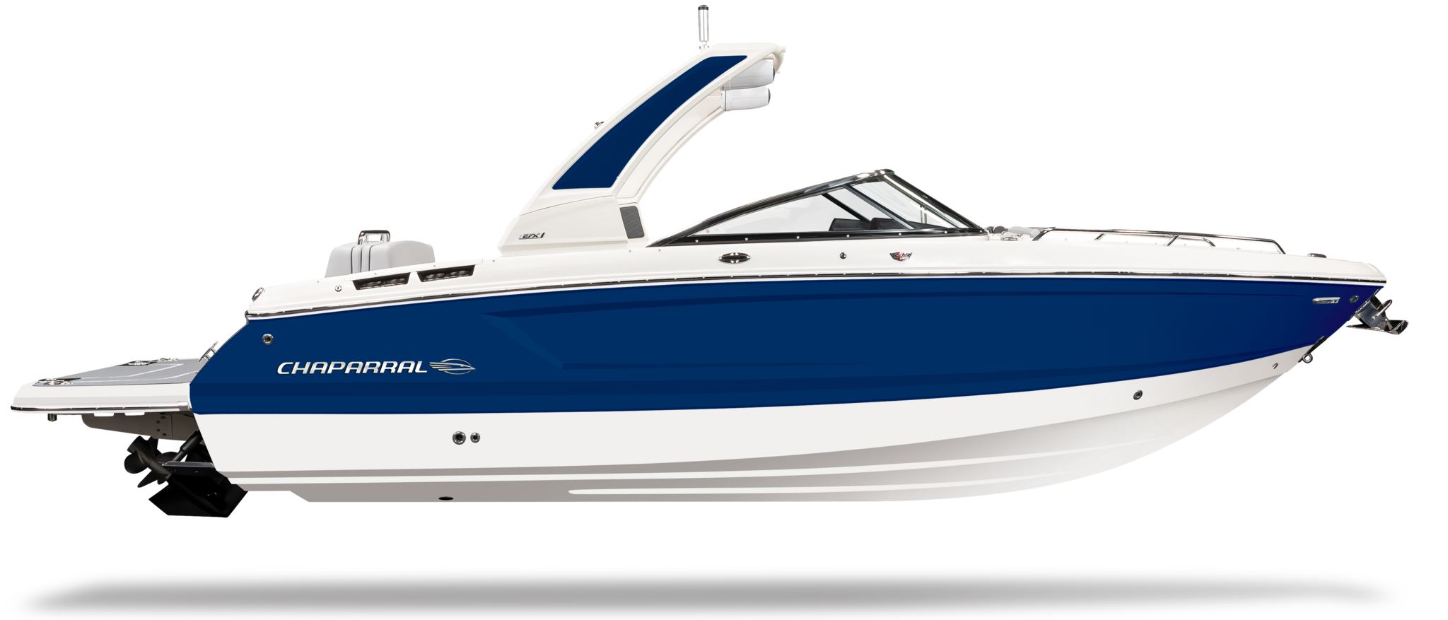 Navy blue and white luxury sport boat side view